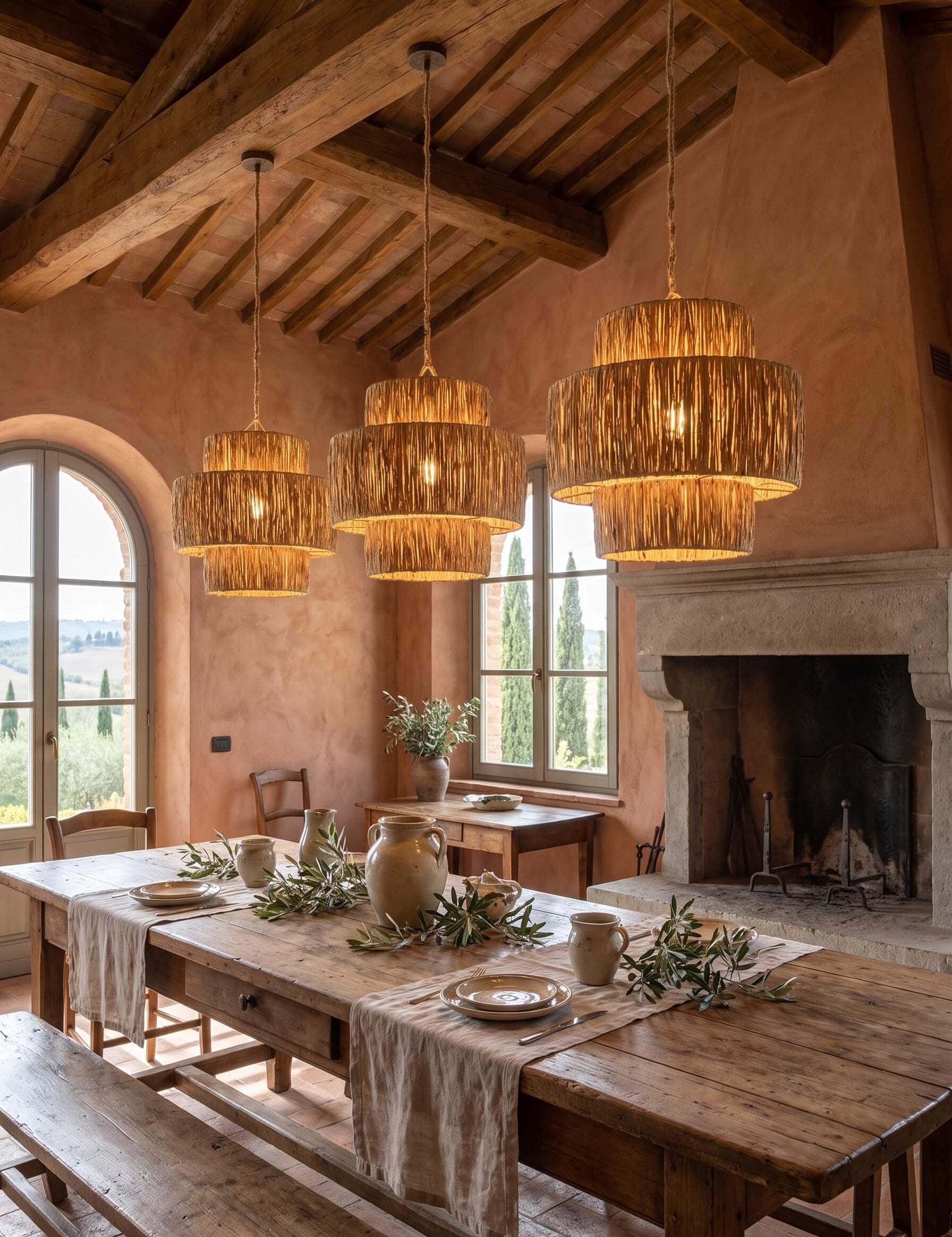 Three woven natural-fiber pendant lights hang over a rustic wooden dining table in a warm, earth-toned room with exposed wood beams, a stone fireplace, and large windows.