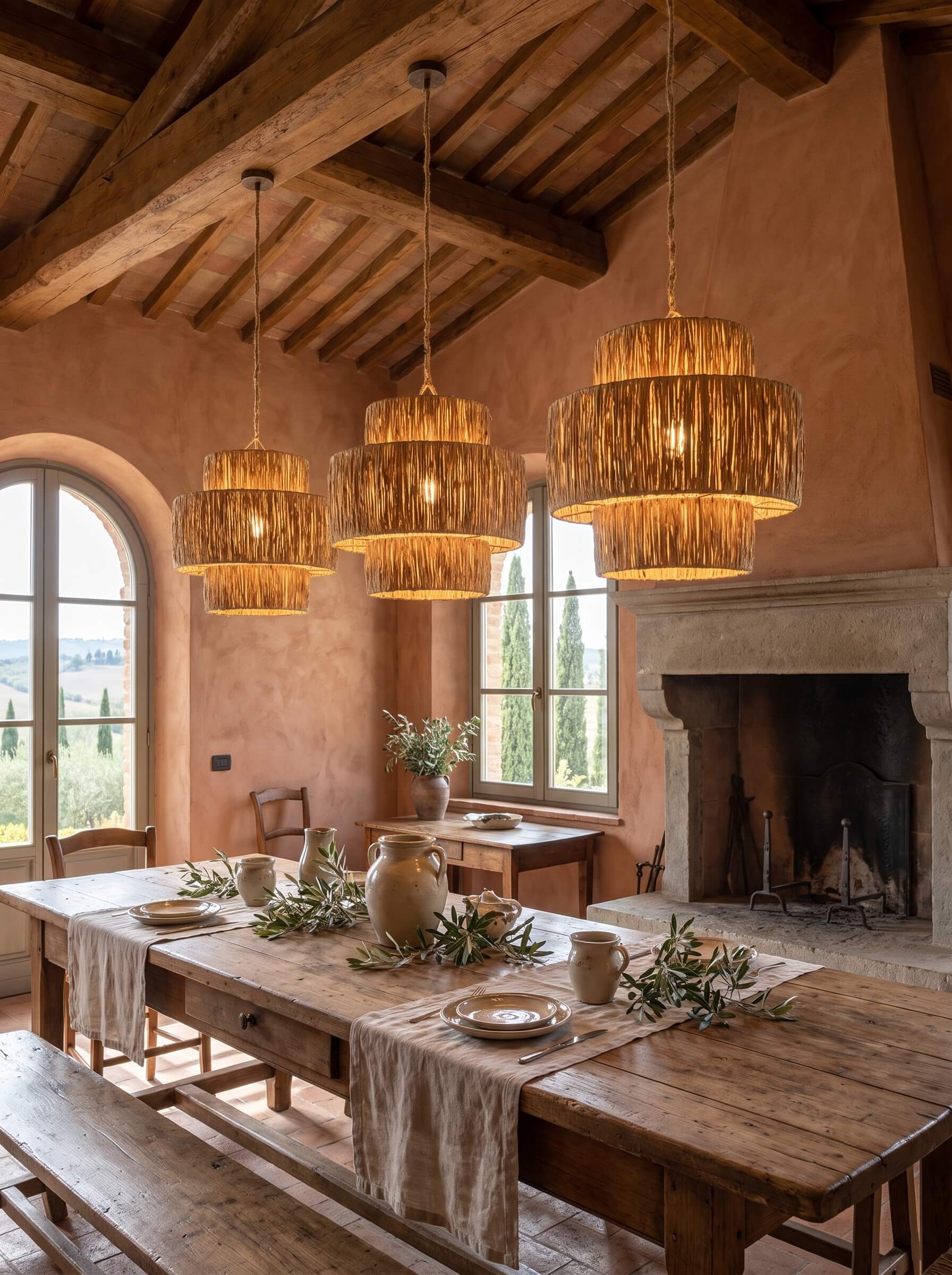 Three woven natural-fiber pendant lights hang over a rustic wooden dining table in a warm, earth-toned room with exposed wood beams, a stone fireplace, and large windows.