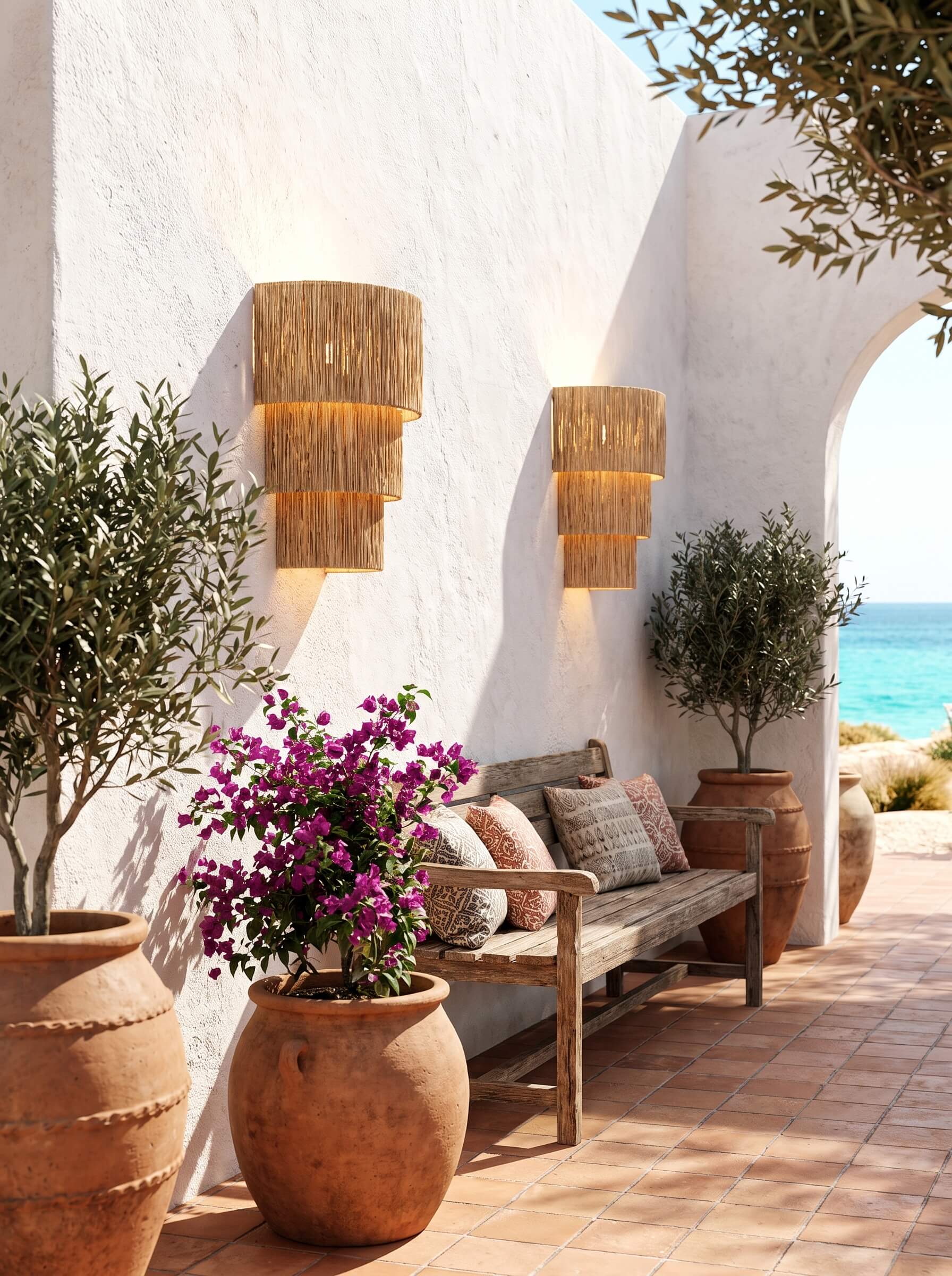 Two modern wall sconces with woven natural-fiber shades mounted on a white stucco wall in a Mediterranean-style outdoor patio setting with a bench, potted plants, and a view of the sea.