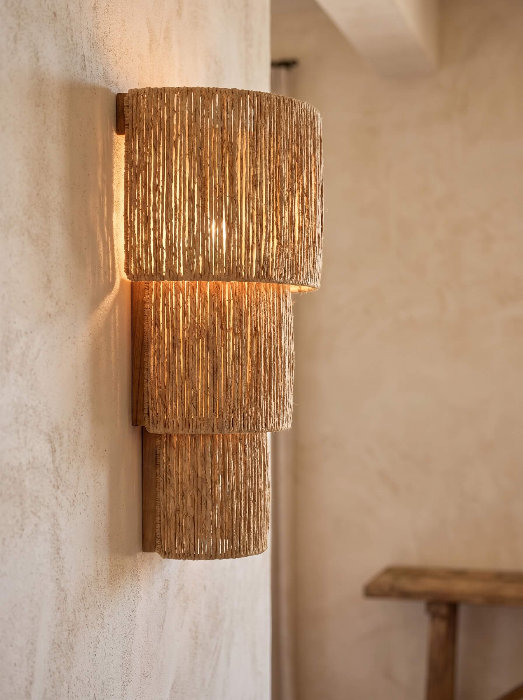 A tiered wall sconce light fixture made of natural woven reed or straw material, illuminated with a warm golden glow against a textured beige plaster wall.