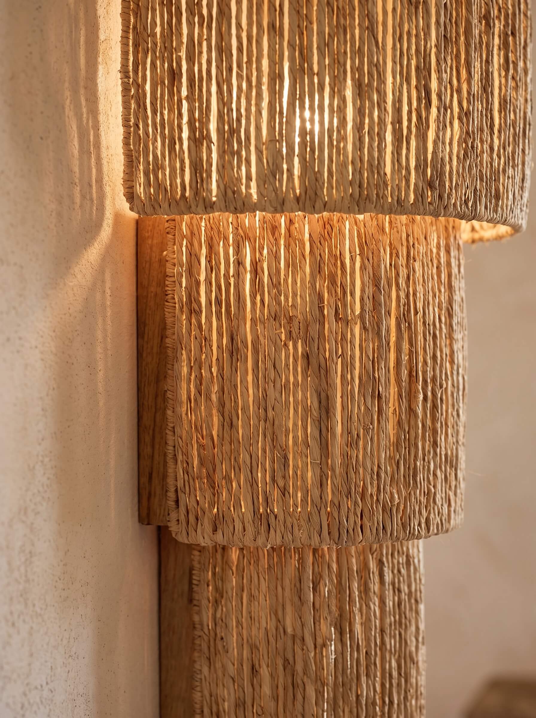A close-up of a wall-mounted light fixture with three stacked cylindrical shades made of vertically textured natural fiber, glowing warm yellow against a beige plaster wall.