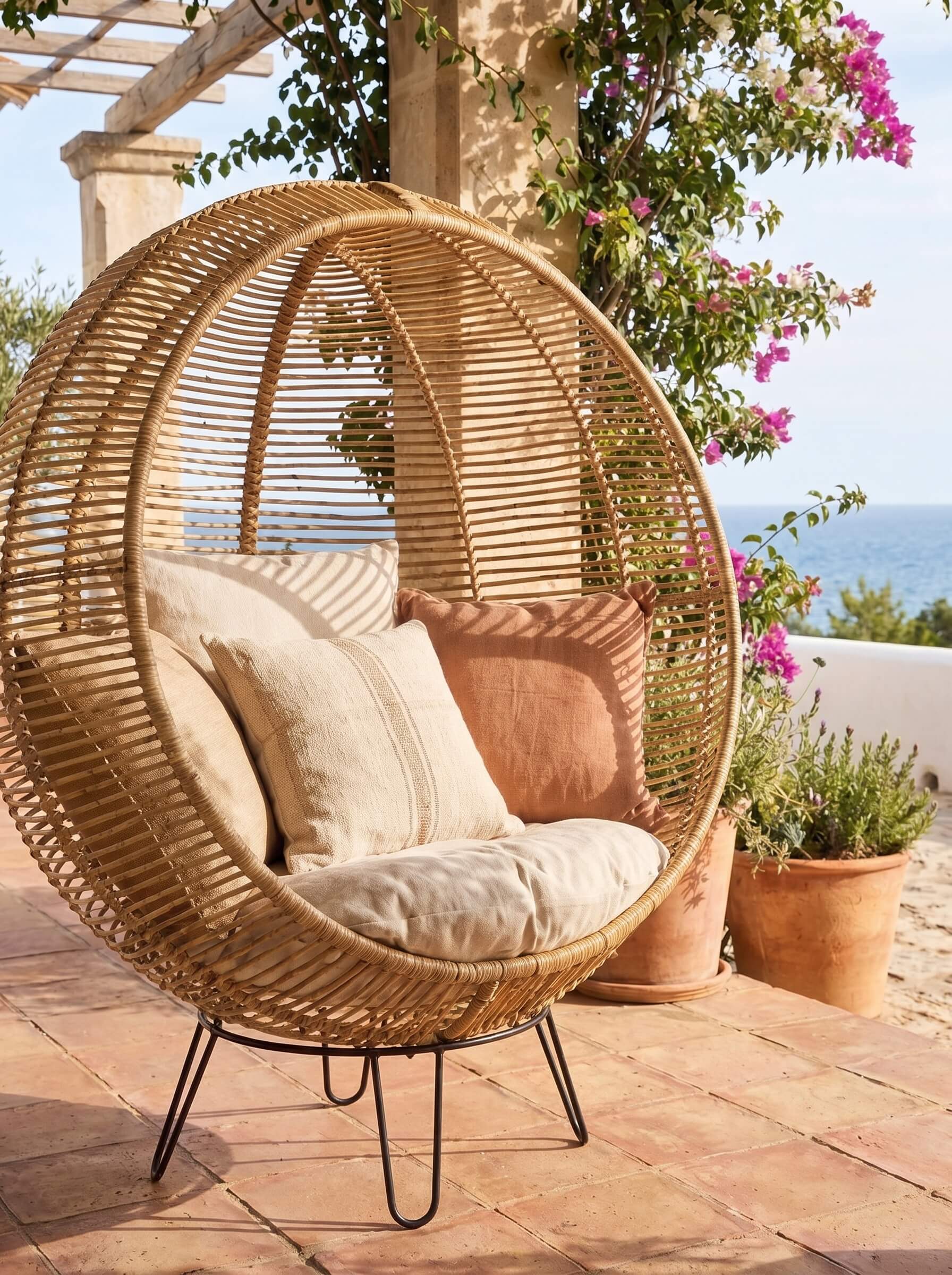 Rattanround chair styled beside lounge chair
Handcrafted rattan chair with woven texture