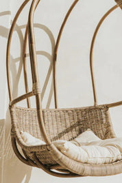 Koboo double handmade durable brown rattan hanging chair for indoor living rooms, covered terraces, patios, balconies, and outdoor gardens