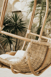 Koboo double handmade durable brown rattan hanging chair for indoor living rooms, covered terraces, patios, balconies, and outdoor gardens