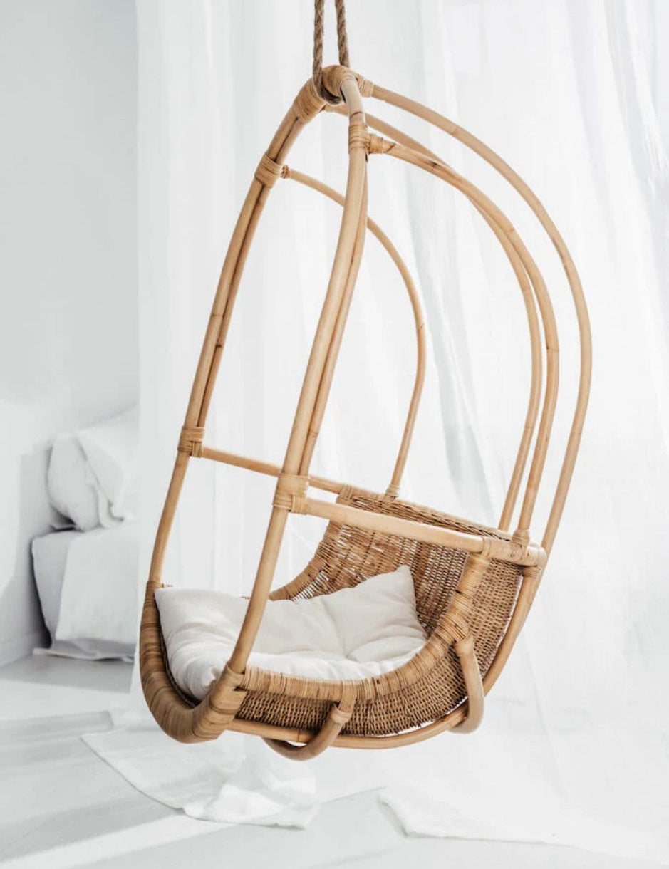 Koboo double handmade durable natural rattan hanging chair for indoor living rooms, covered terraces, patios, balconies, and outdoor gardens