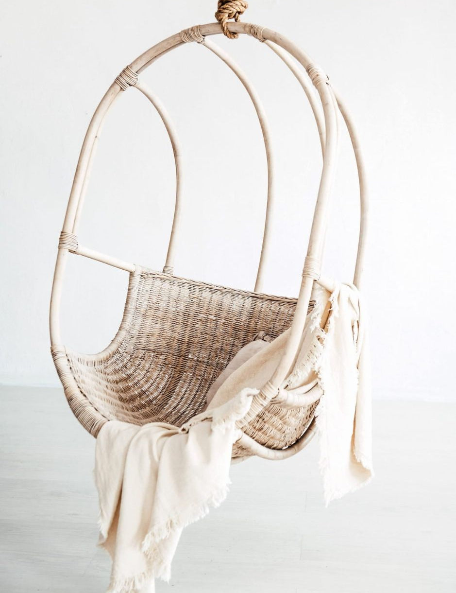 Koboo double handmade durable white rattan hanging chair for indoor living rooms, covered terraces, patios, balconies, and outdoor gardens