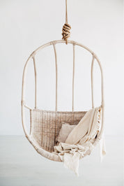 Koboo double handmade durable white rattan hanging chair for indoor living rooms, covered terraces, patios, balconies, and outdoor gardens