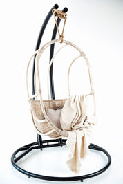 Koboo double handmade durable white rattan hanging chair for indoor living rooms, covered terraces, patios, balconies, and outdoor gardens