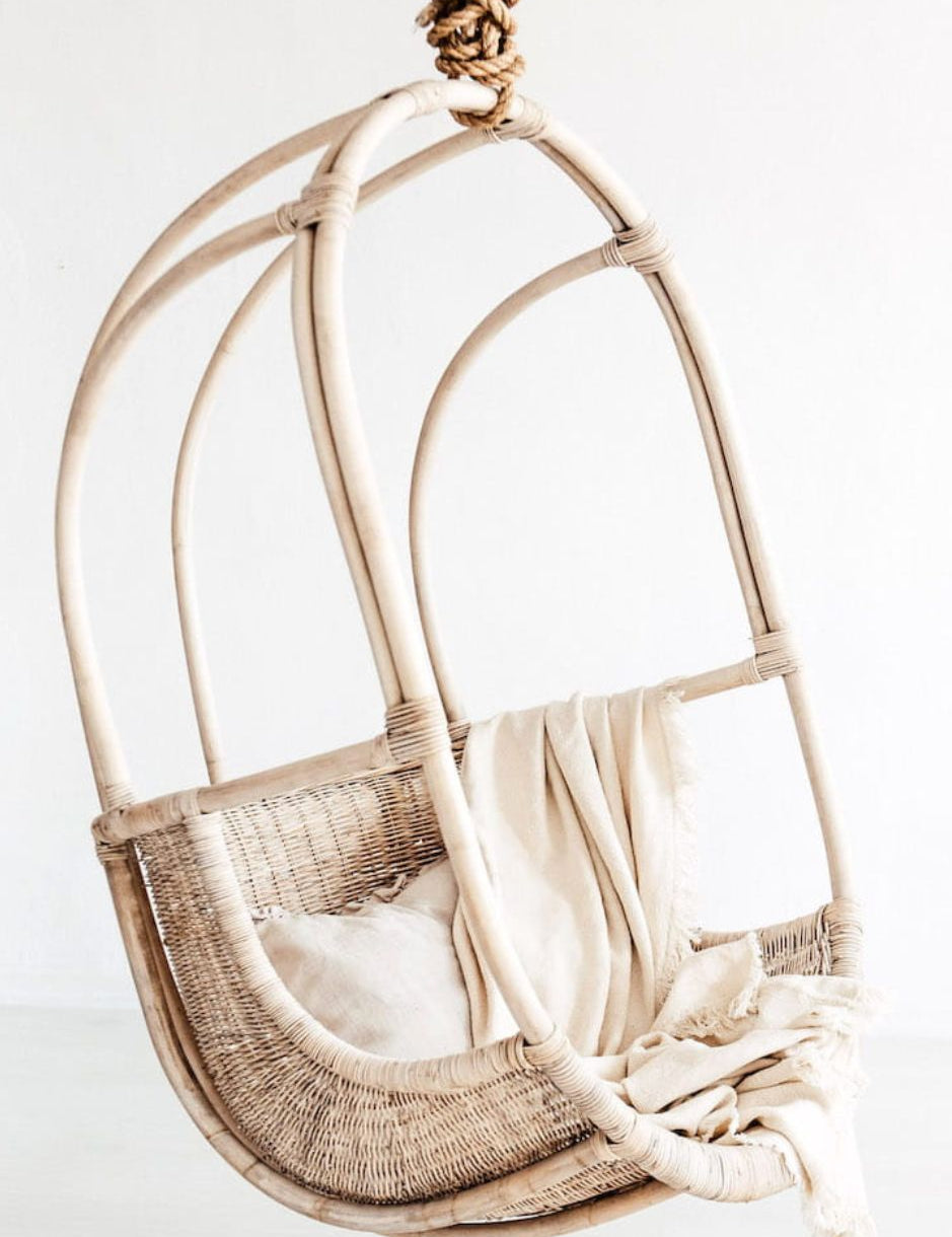 Koboo double handmade durable white rattan hanging chair for indoor living rooms, covered terraces, patios, balconies, and outdoor gardens