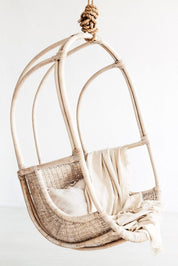 Koboo double handmade durable white rattan hanging chair for indoor living rooms, covered terraces, patios, balconies, and outdoor gardens