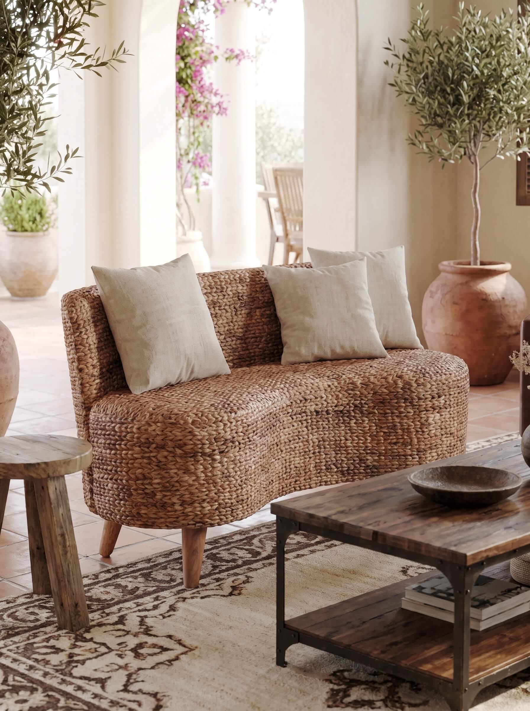 A curved woven rattan loveseat sofa with three neutral beige throw pillows, styled in a warm, sunlit room with a wooden coffee table, patterned rug, and potted olive trees.
