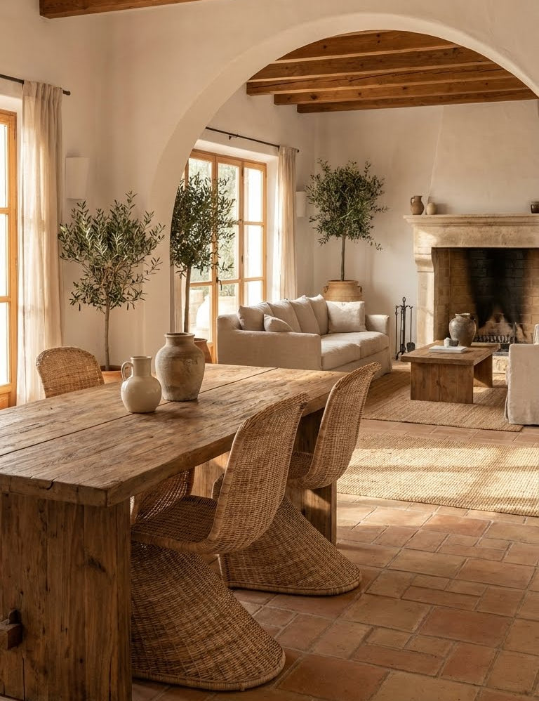 Cozy living room with wooden table, wicker chairs, and a fireplace.