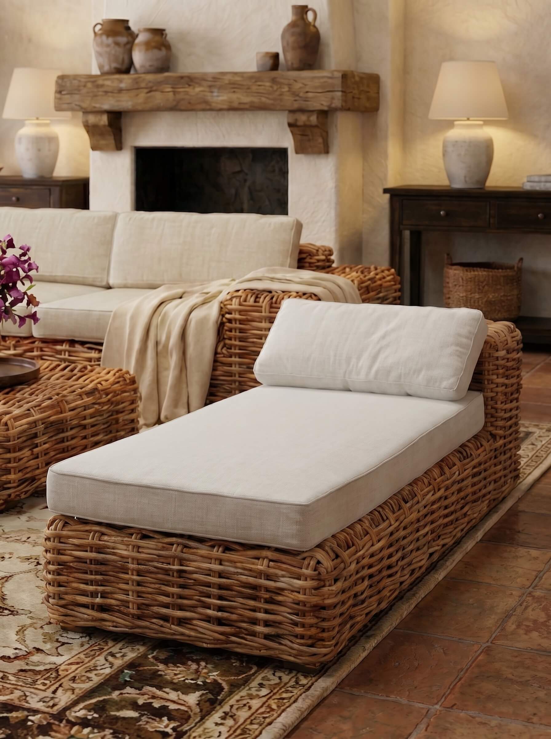 Rattan lounge chair styled in coastal interior
Curved rattan
