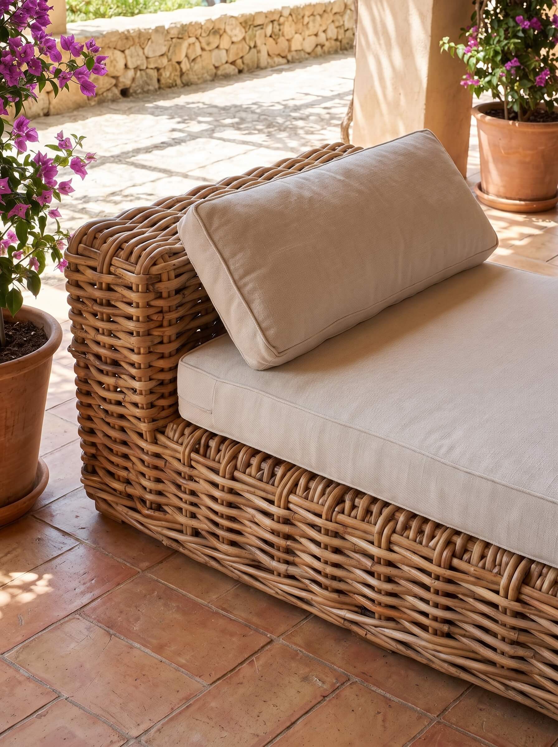 Rattan lounge chair styled in coastal interior, modern home