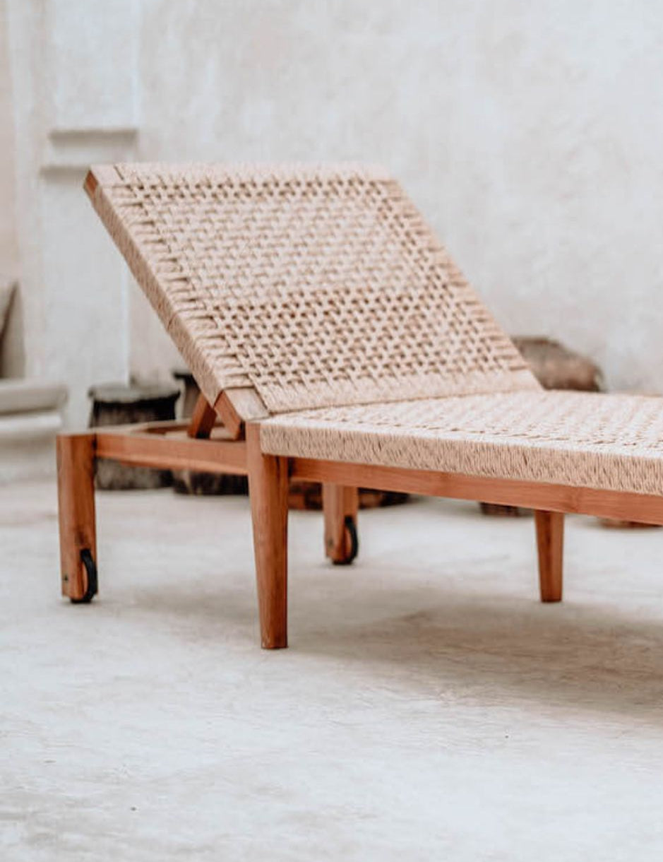 Lunan teak wood sun lounger with adjustable backrest and convenient wheels for outdoor relaxation