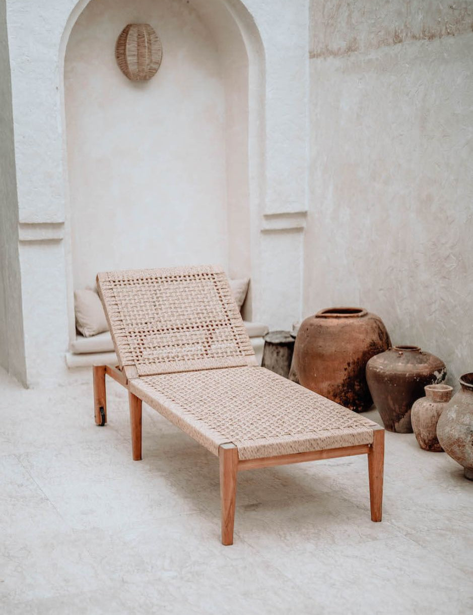 Lunan teak wood sun lounger with adjustable backrest and convenient wheels for outdoor relaxation