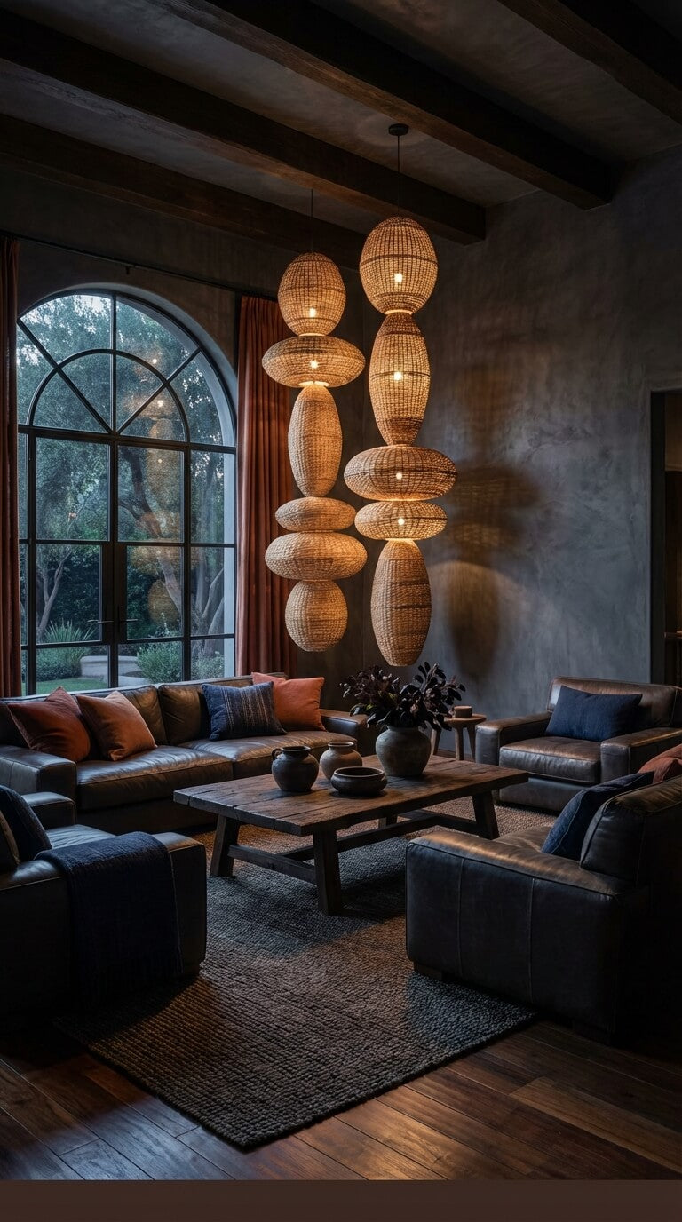 Modern living room with dark furniture, a coffee table, and decorative pendant lights.