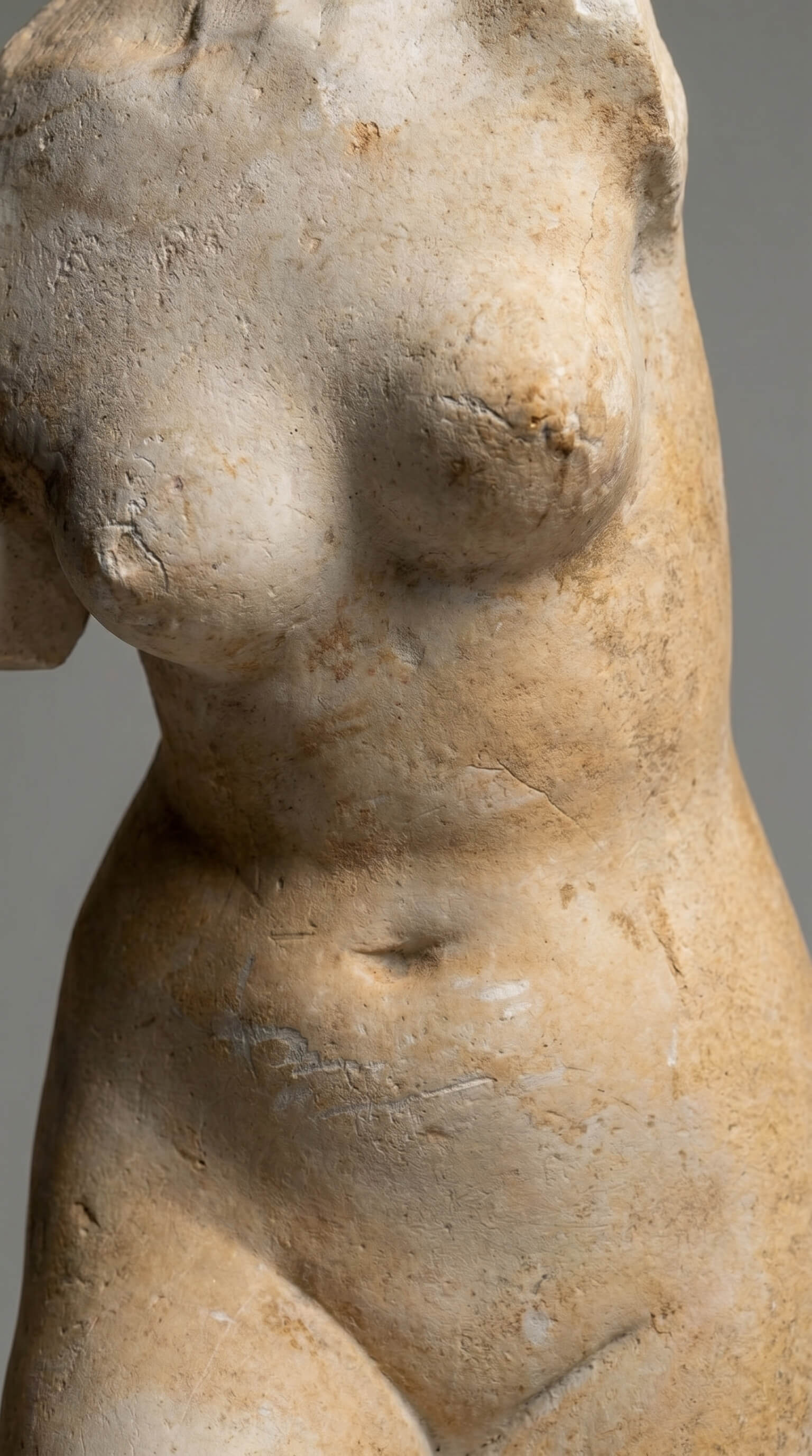 Stone sculpture of a female figure from the waist up against a gray background