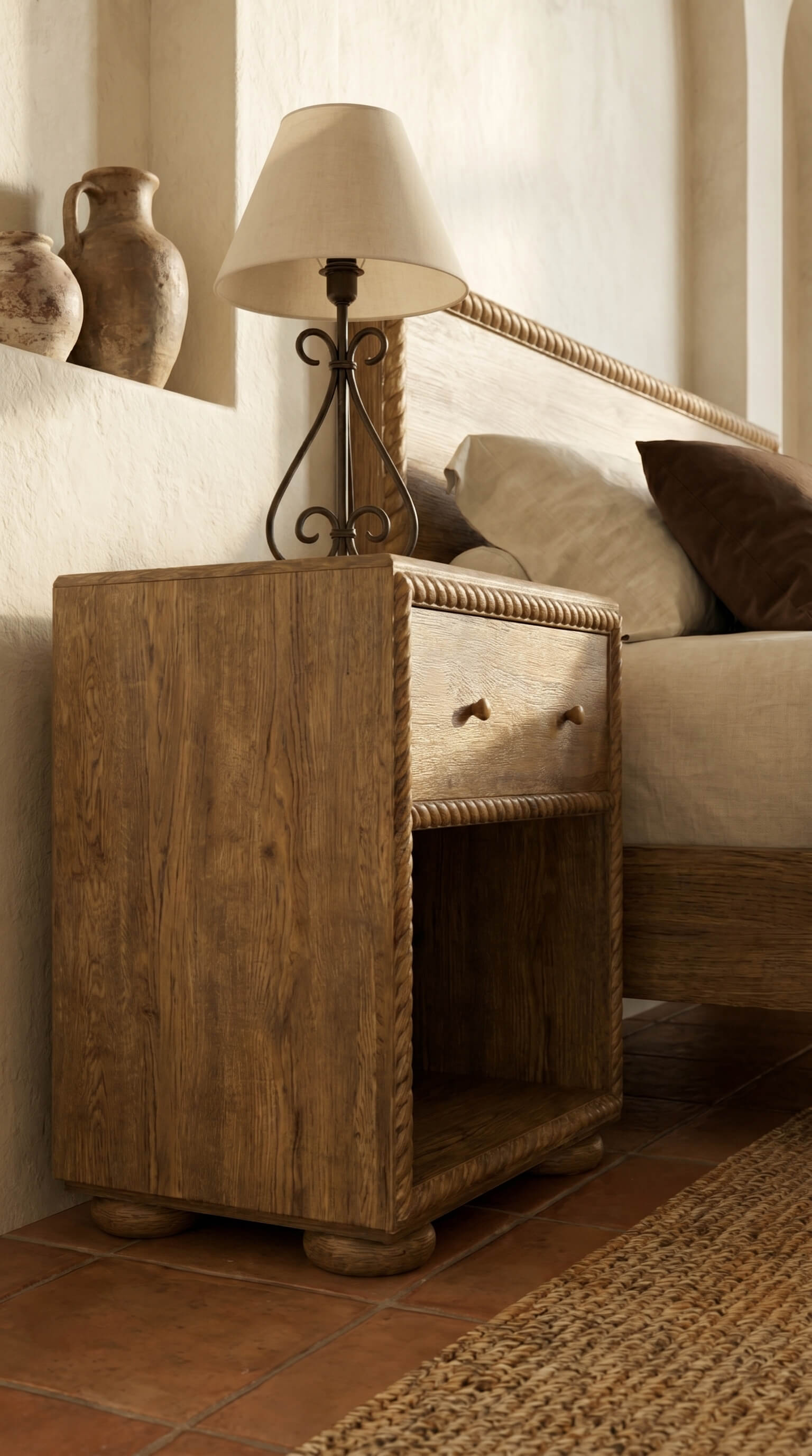 Wooden nightstand with lamp next to a sofa in a cozy room.