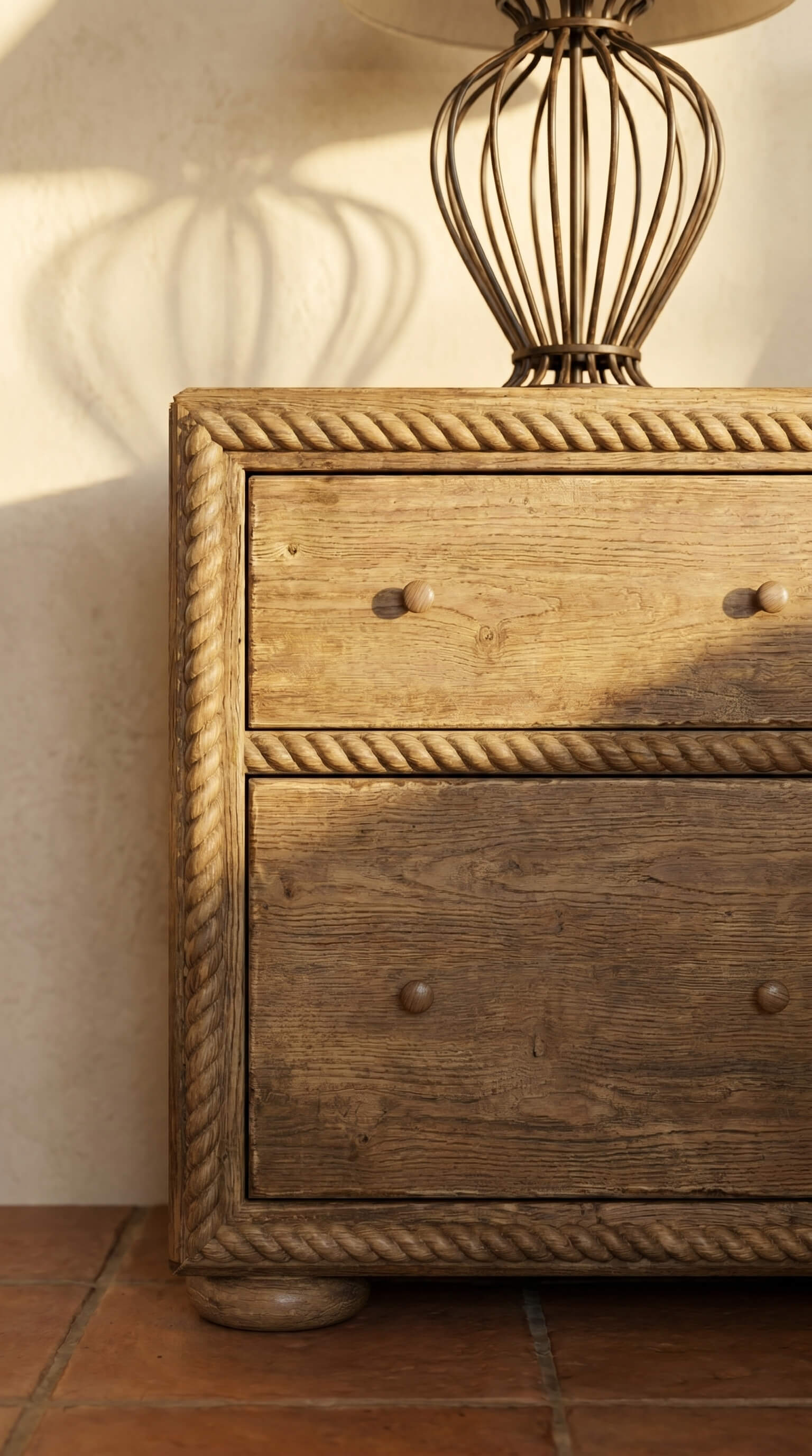 Wooden dresser with rope detailing 