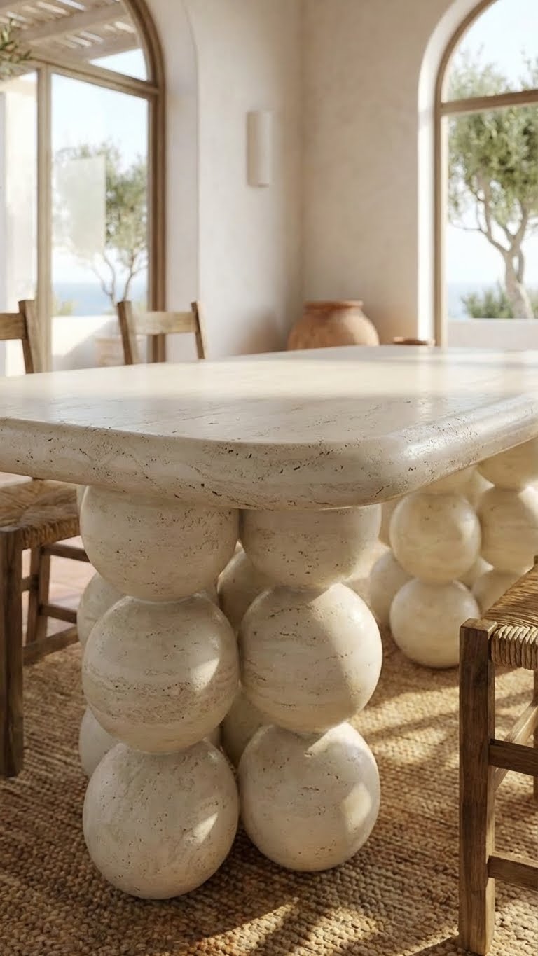 Dining table with spherical stone base in a bright room with large windows.