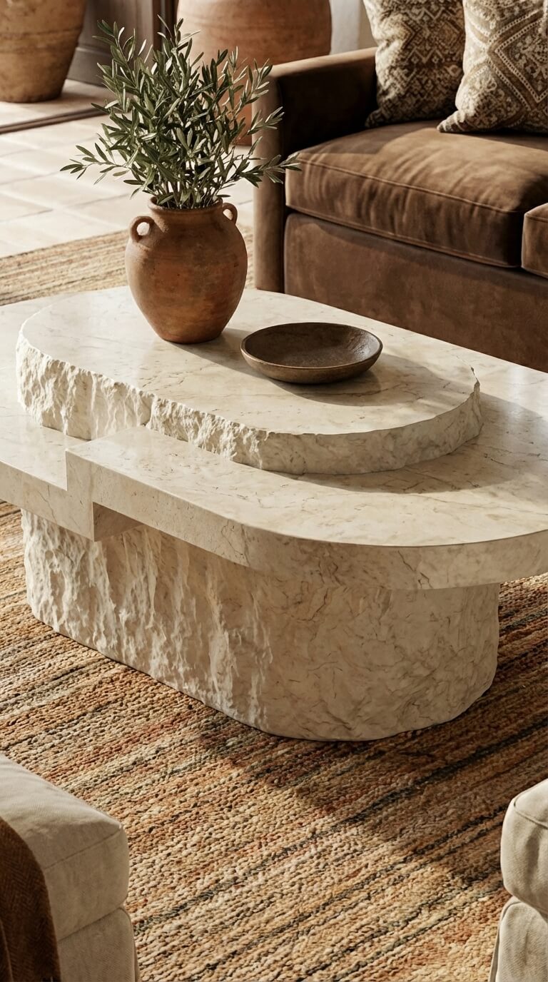 round stone coffee table with minimalist design
