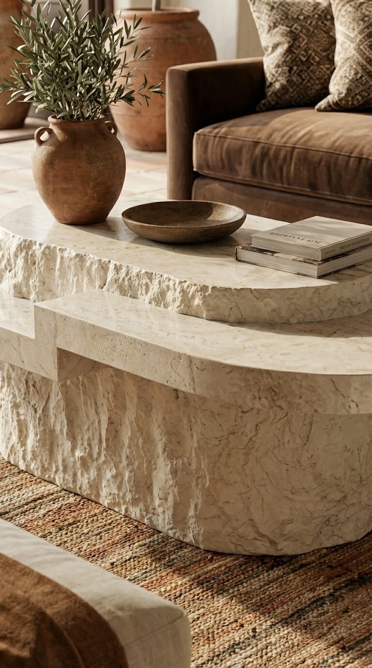 Decorative stone coffee table with a vase, bowl, and books on top in a living room setting.