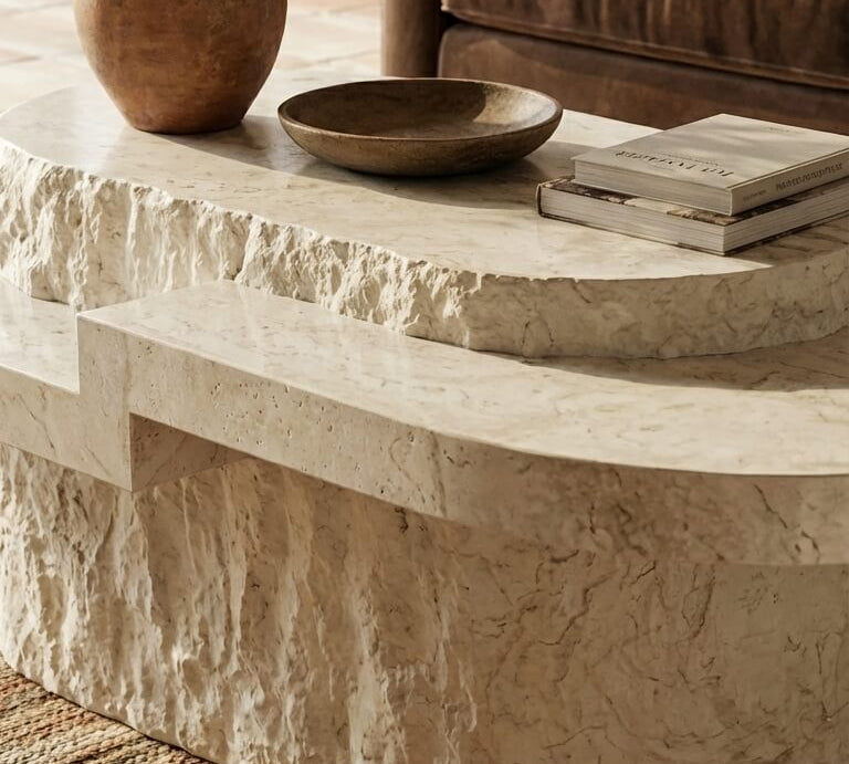 Decorative stone coffee table with a vase, bowl, and books on top in a living room setting.