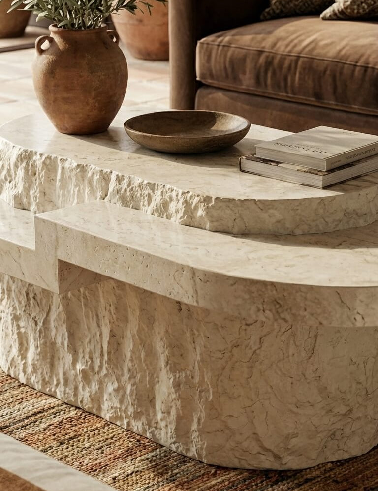 Decorative stone coffee table with a vase, bowl, and books on top in a living room setting.