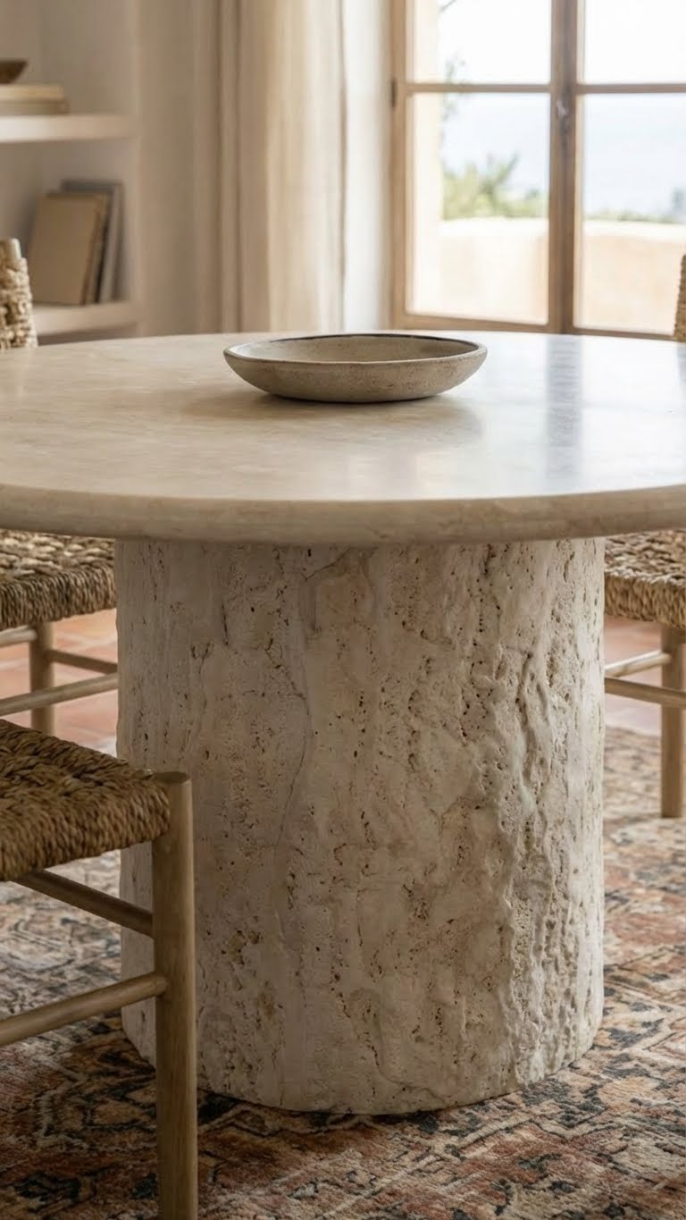 round travertine dining table with stone pedestal
