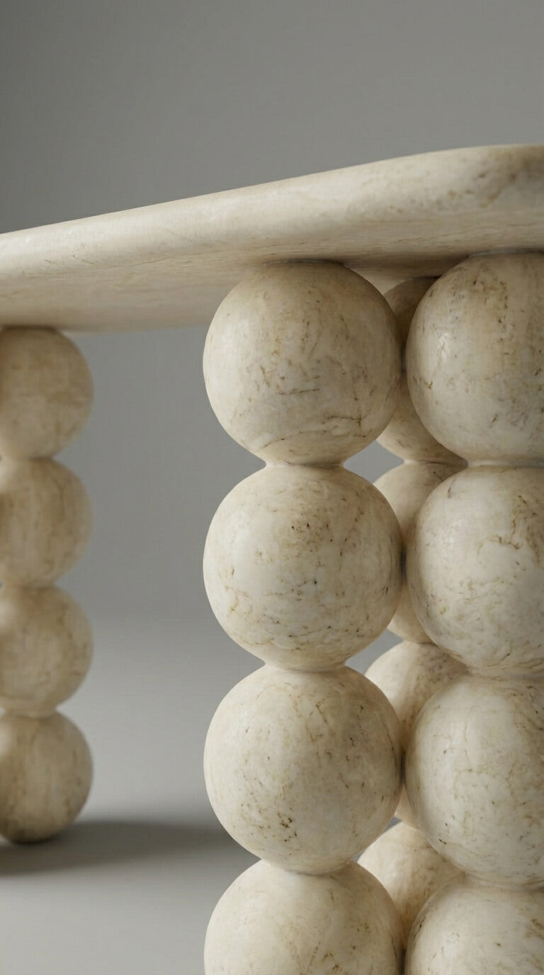 Close-up of a marble table with spherical design on a neutral background