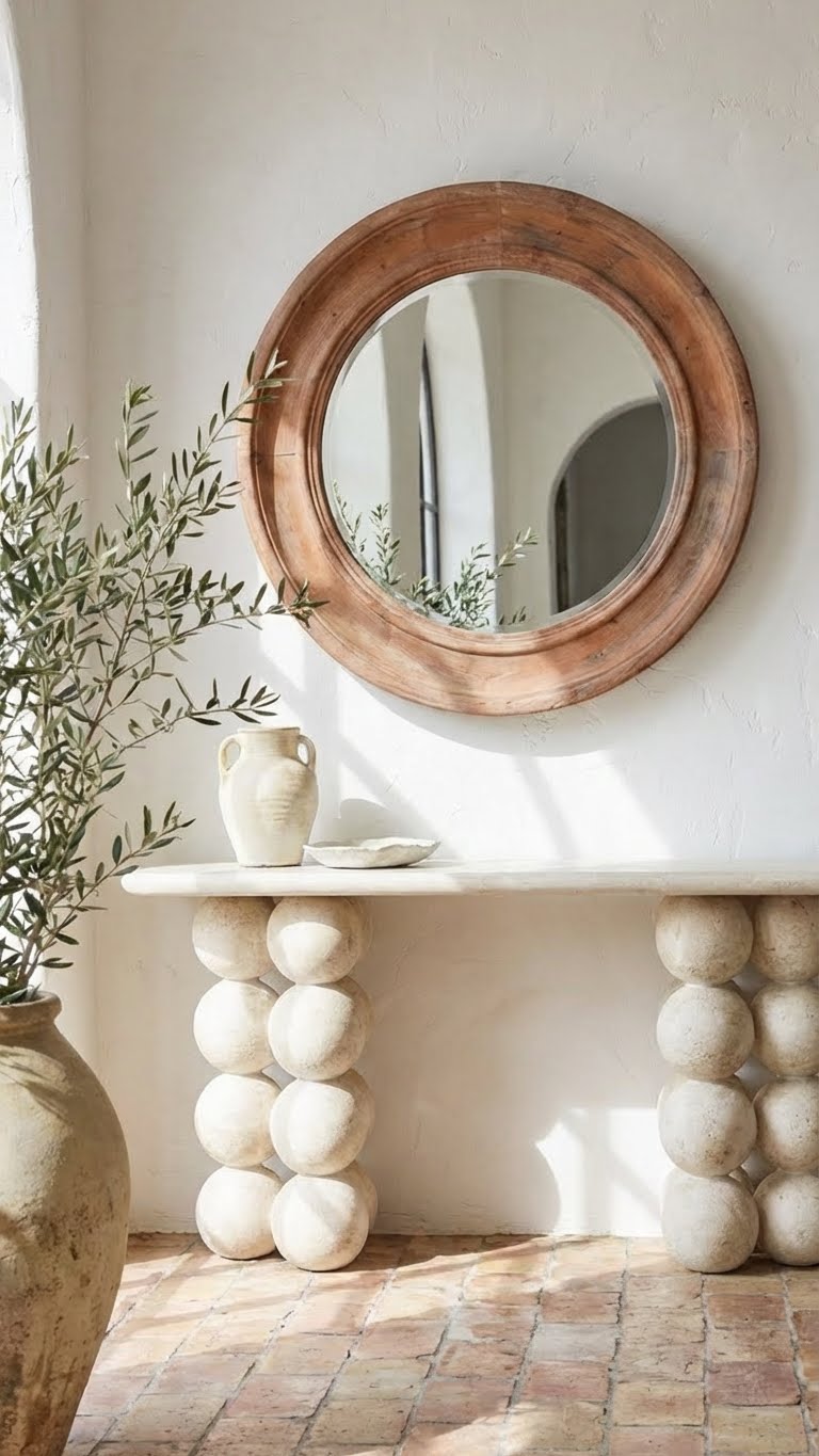 Round wooden mirror on a white wall above a stone console table with decorative stones.
