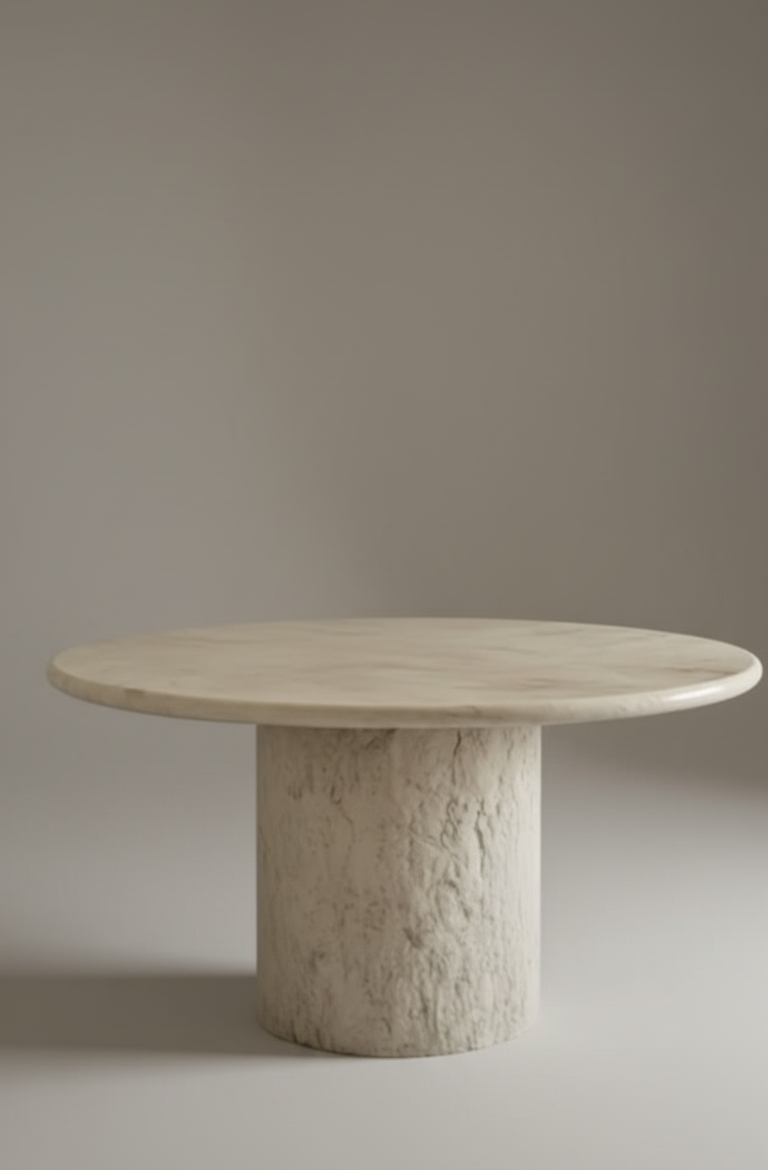 round marble dining table with sculptural stone pedestal base
