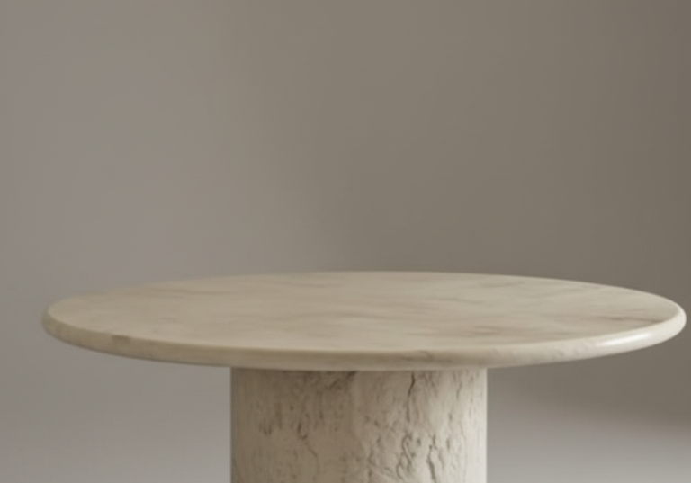 round marble dining table with sculptural stone pedestal base
