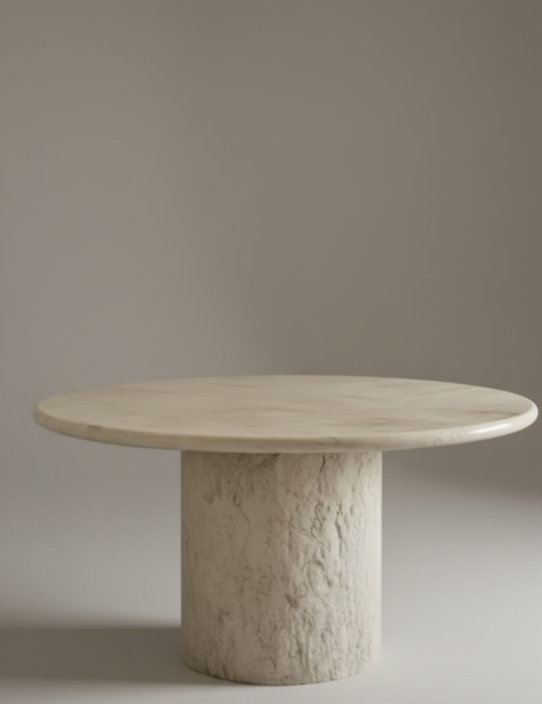round marble dining table with sculptural stone pedestal base
