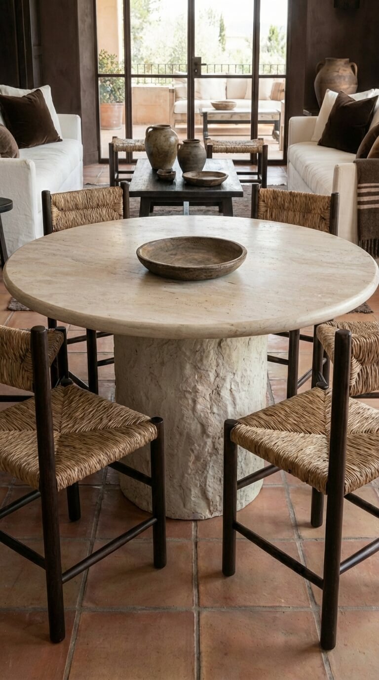 sculptural marble dining table with natural stone finish
