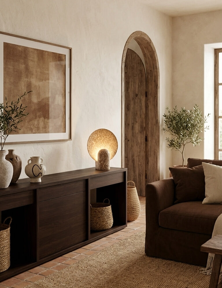 Marble table lamp with circular shade, modern ambient lighting decor