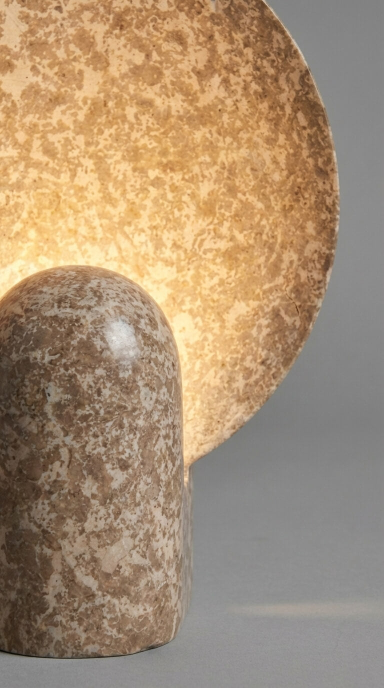 Decorative lamp with a textured base and diffused light on a gray background