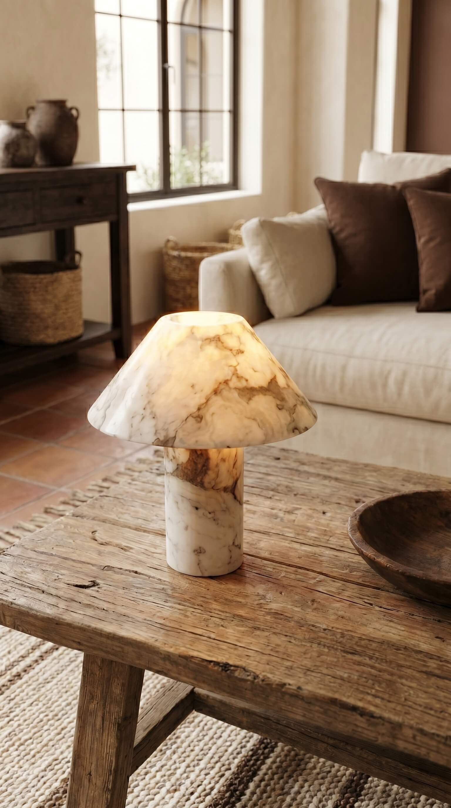 Lamp on a wooden table in a cozy living room setting