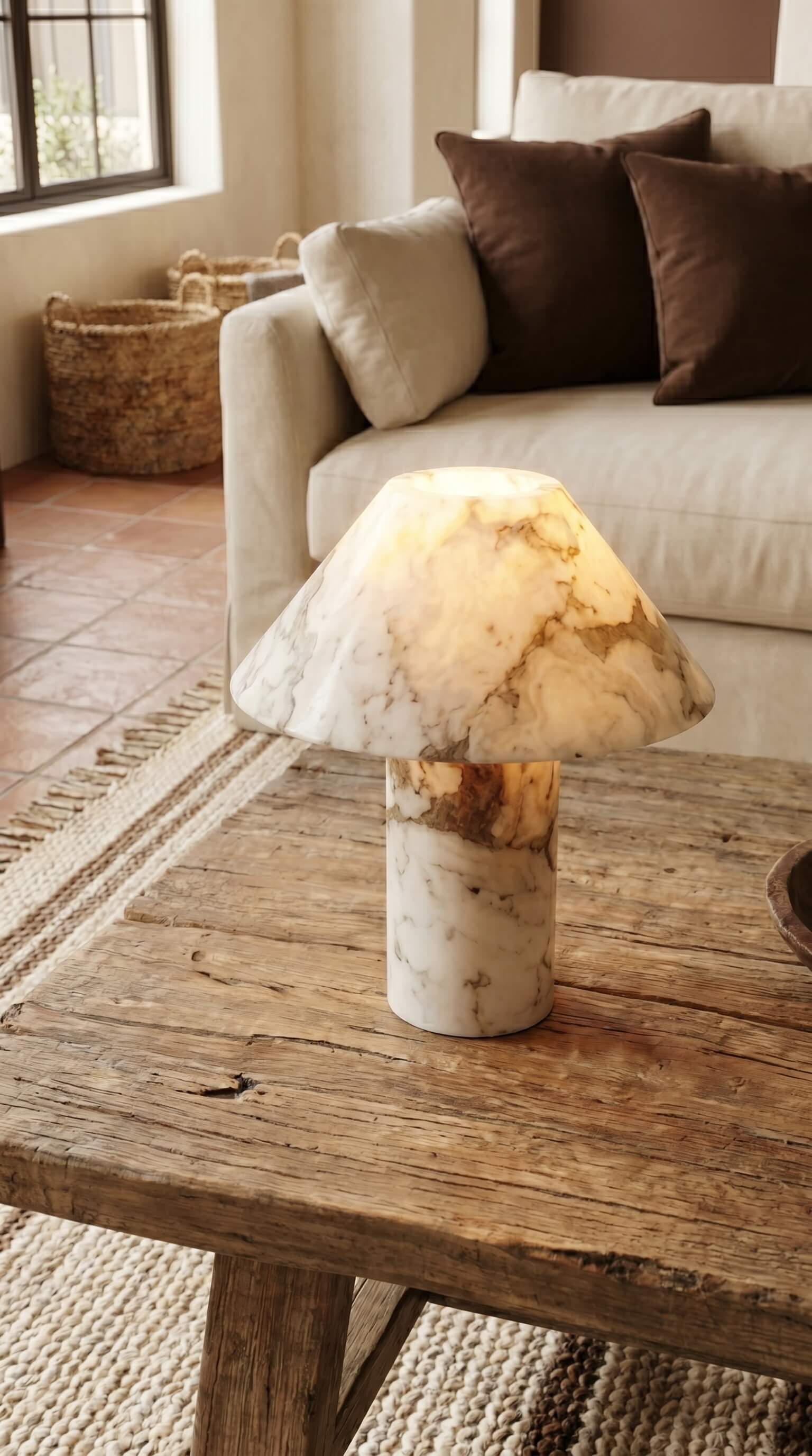 Mushroom-shaped lamp on a wooden table in a cozy living room.