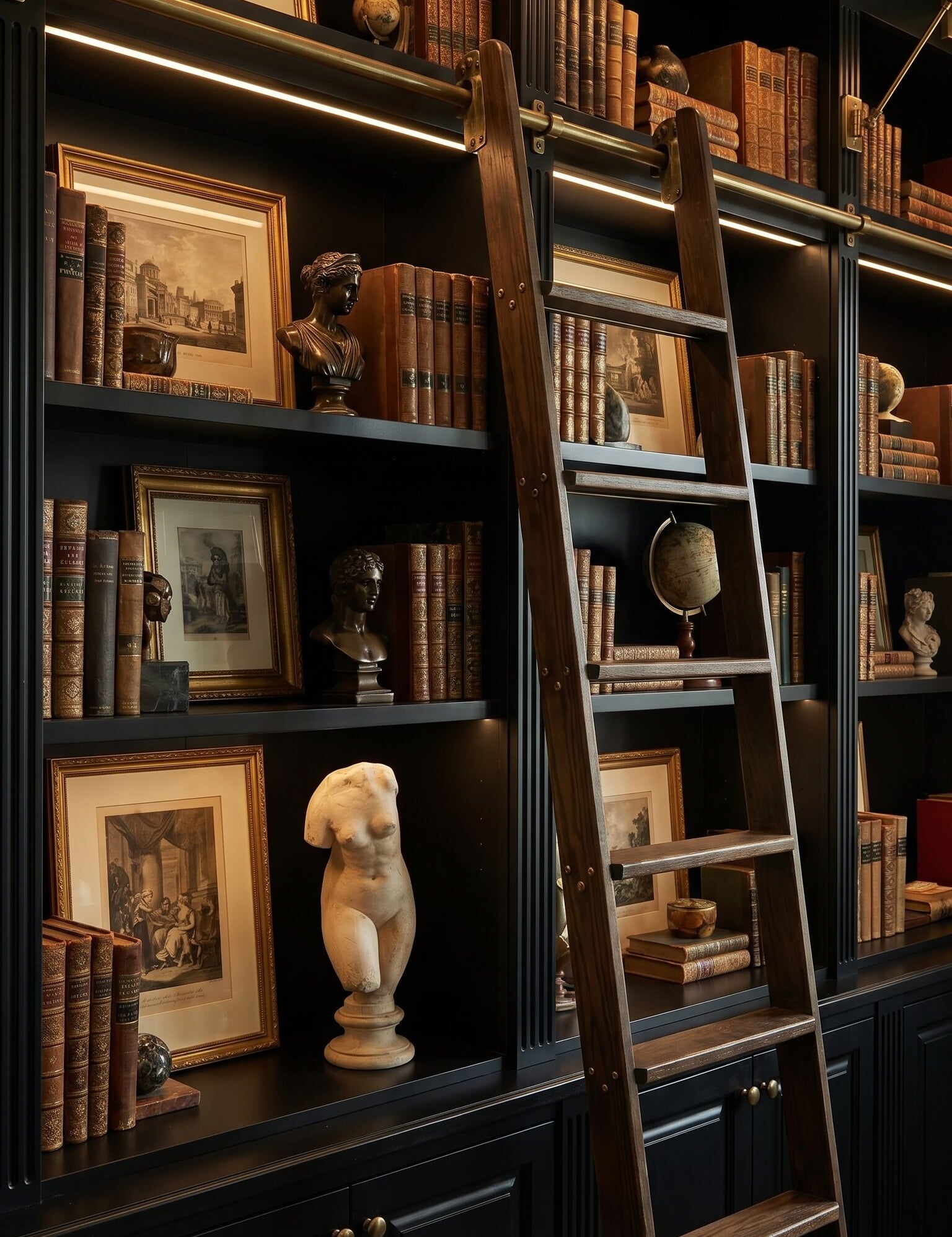 Dark wooden bookshelf with books, framed pictures, and decorative items, featuring a wooden ladder.