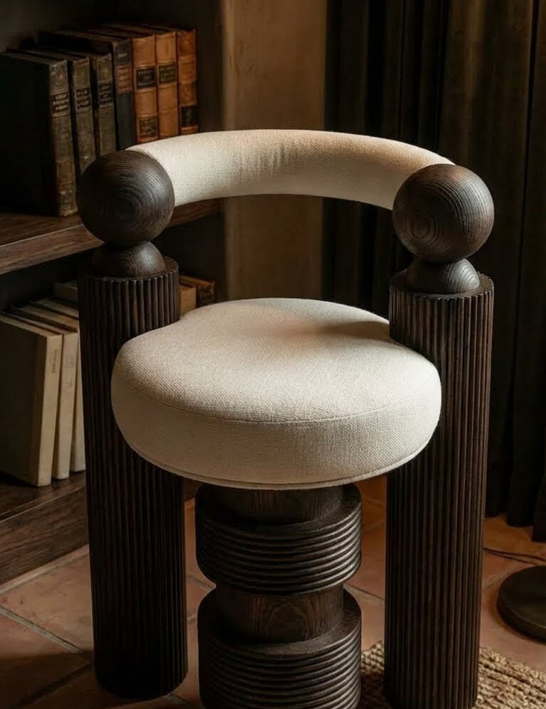 Modern teak wood armchair with curved legs
