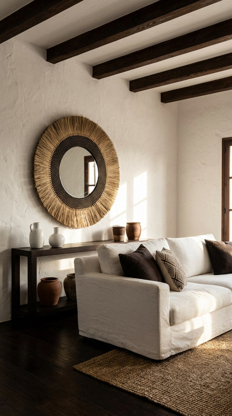coastal decorative mirror with woven seagrass design

