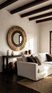 coastal decorative mirror with woven seagrass design
