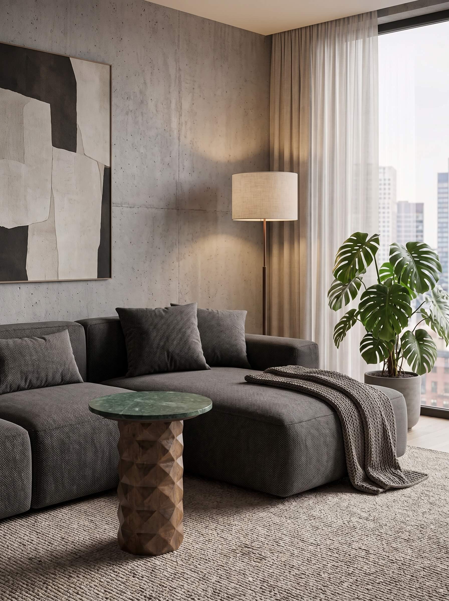 A modern living room scene featuring a dark gray sectional sofa with matching throw pillows, a textured green marble-top side table, a beige floor lamp, and a large potted monstera plant in front of a window with sheer curtains.