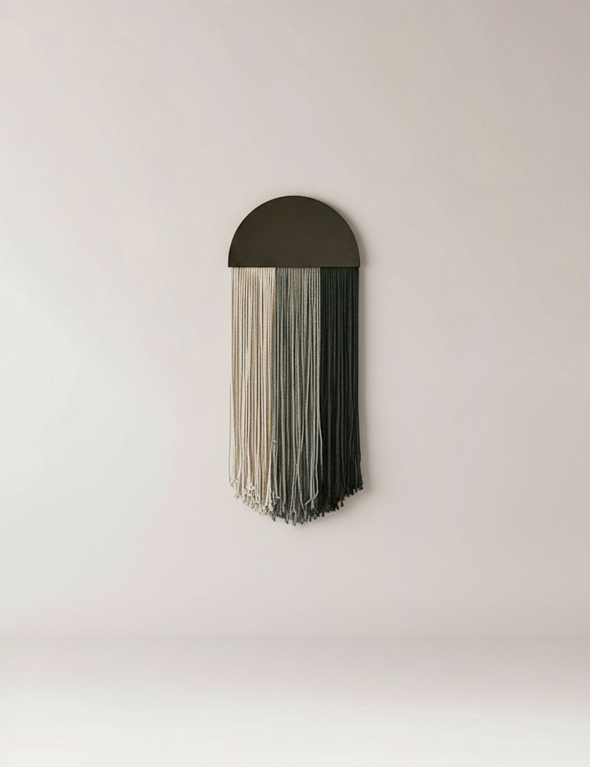 Modern wall decor with wooden top and hanging fringe textile in neutral tones, minimalist boho wall hanging for contemporary interior design