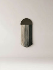 Modern wall decor with wooden top and hanging fringe textile in neutral tones, minimalist boho wall hanging for contemporary interior design