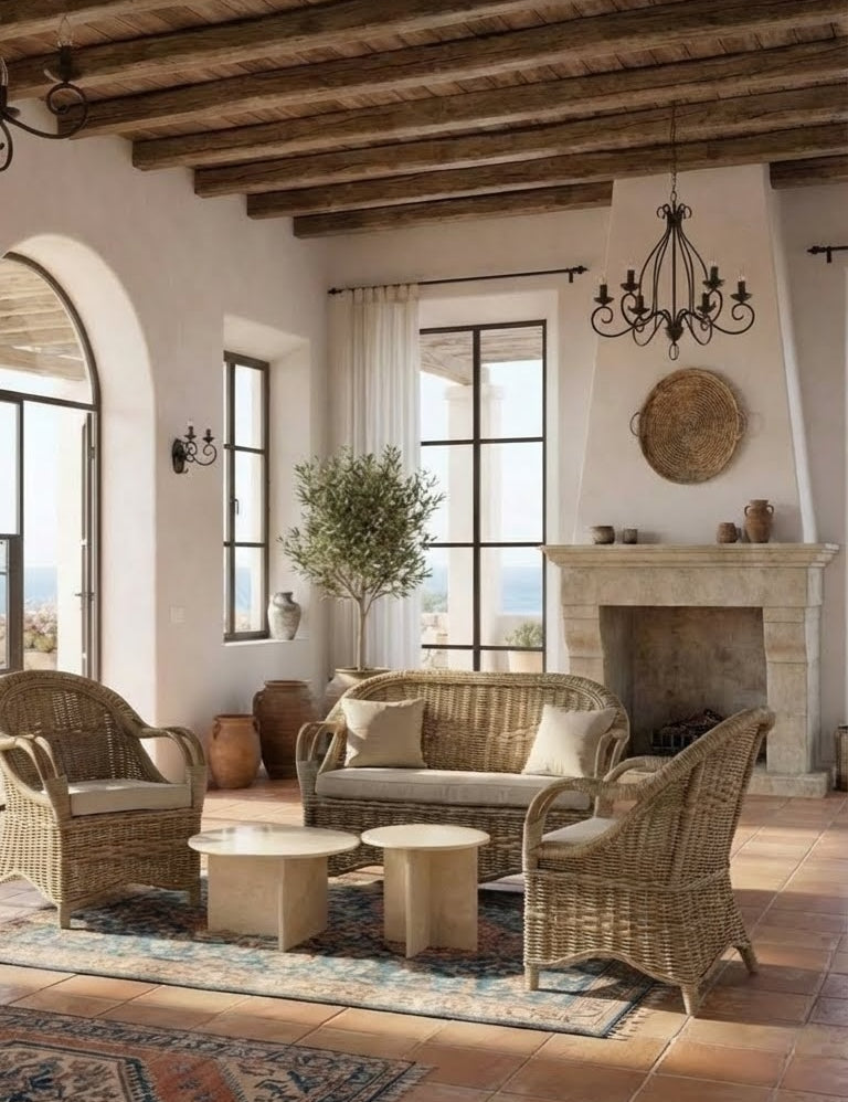 Cozy living room with wicker furniture, fireplace, and large windows.