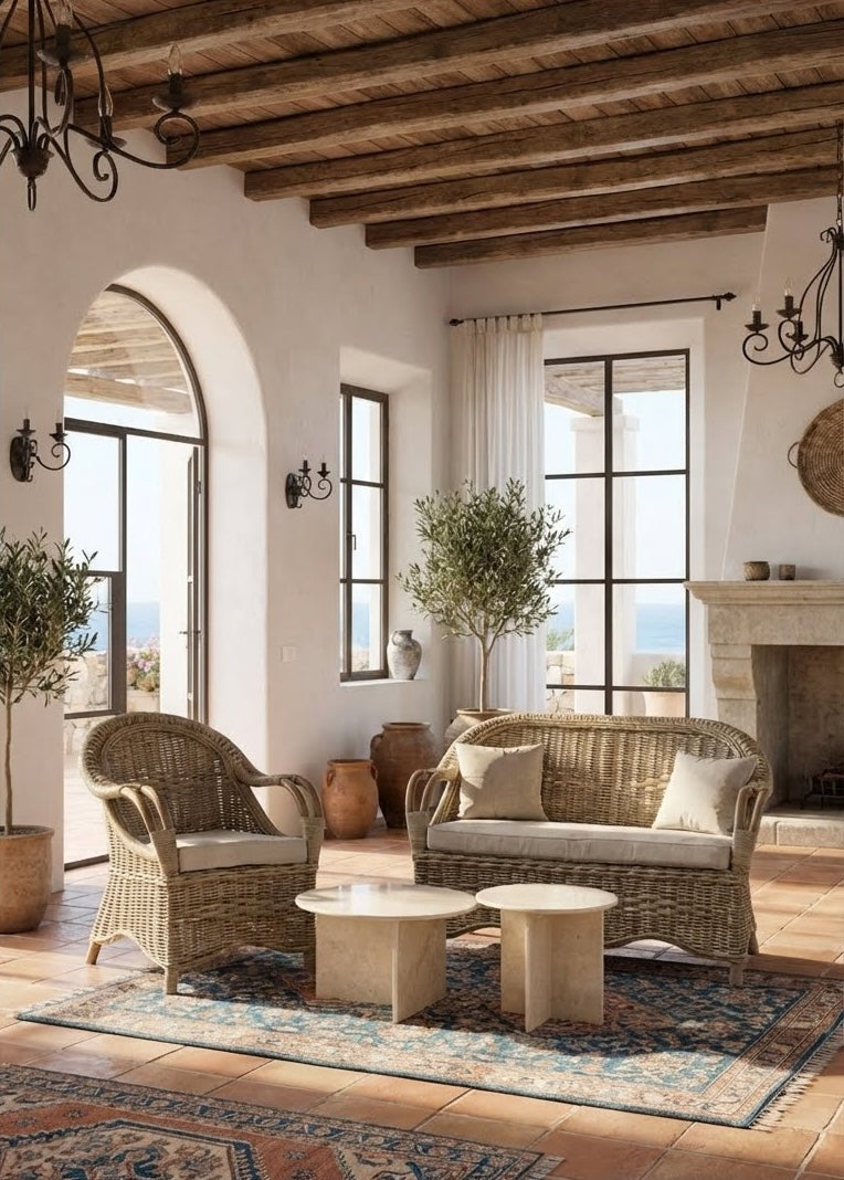 Cozy living room with wicker furniture, wooden beams, and large windows.