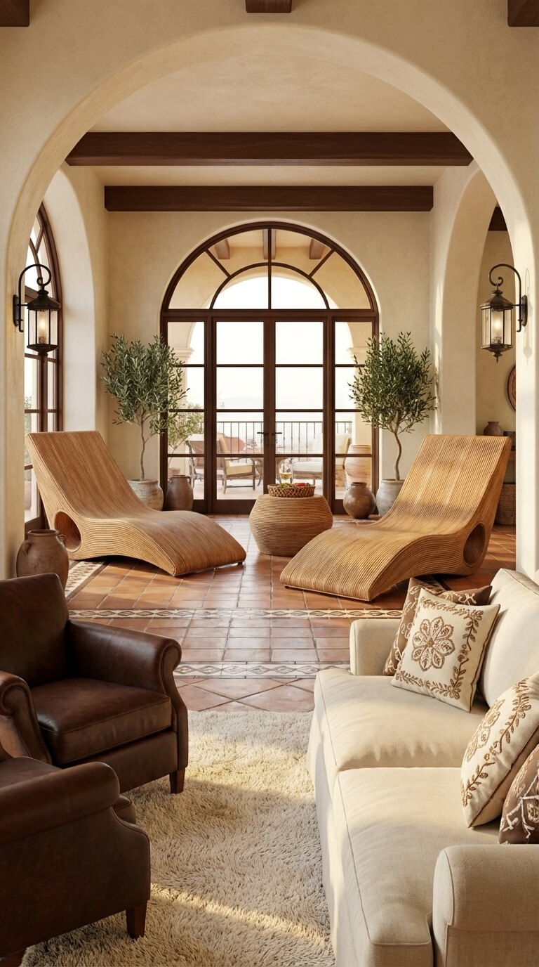 Luxurious living room with wooden lounge chairs, beige sofa, and arched door.